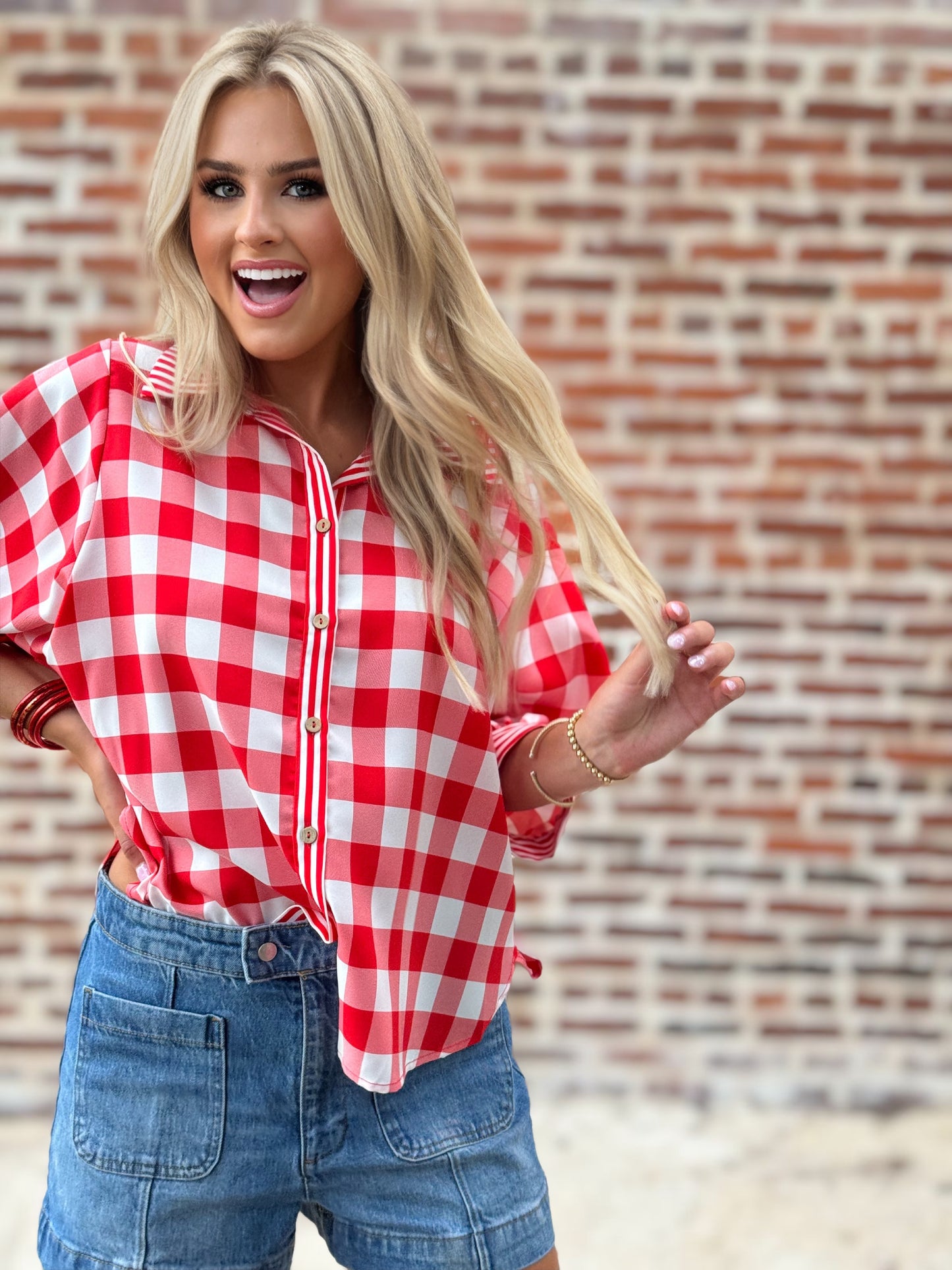 Rally Ready Red Gingham Contrast Stripe Button-Up Blouse