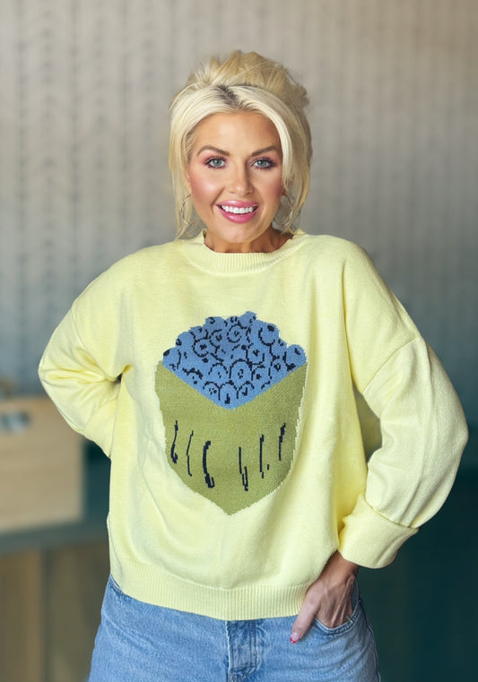 Blueberry Basket Pale Yellow Lightweight Knit Sweater