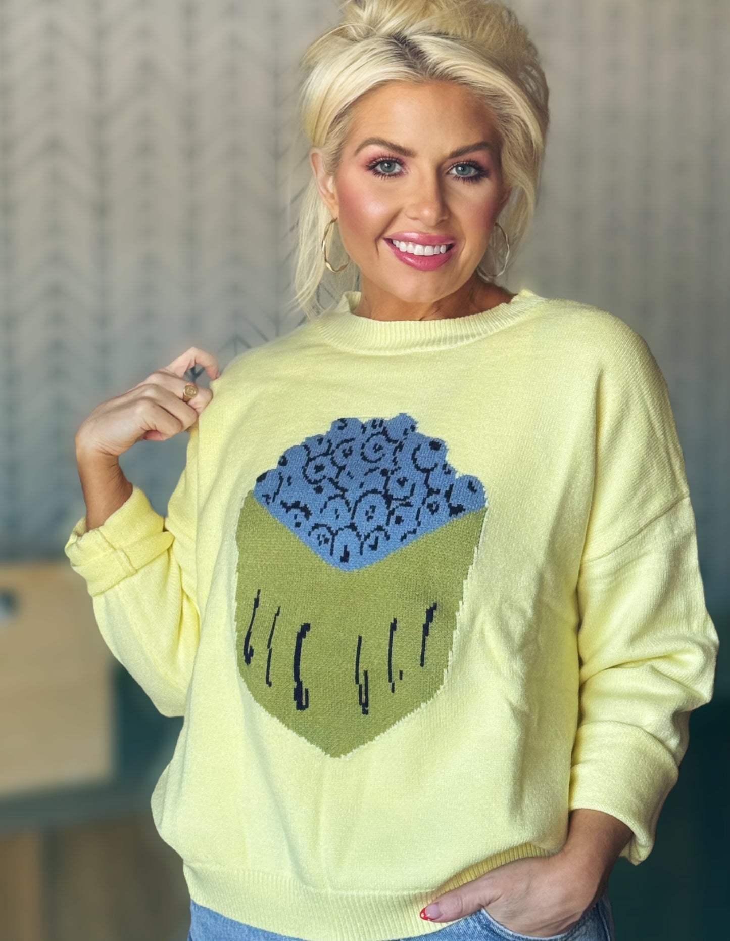 Blueberry Basket Pale Yellow Lightweight Knit Sweater