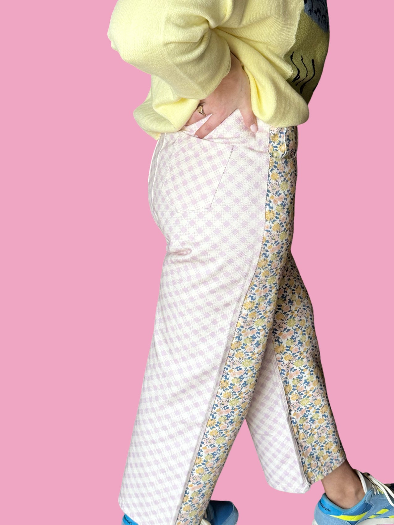 The Garden Gossip- Spring Floral & Gingham Printed Denim Pants