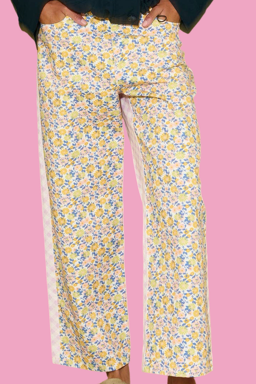 The Garden Gossip- Spring Floral & Gingham Printed Denim Pants