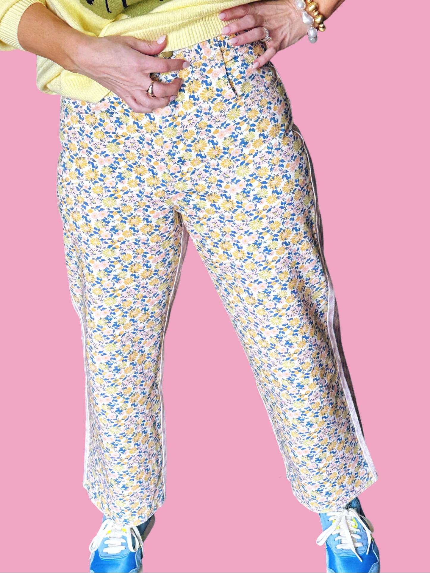 The Garden Gossip- Spring Floral & Gingham Printed Denim Pants