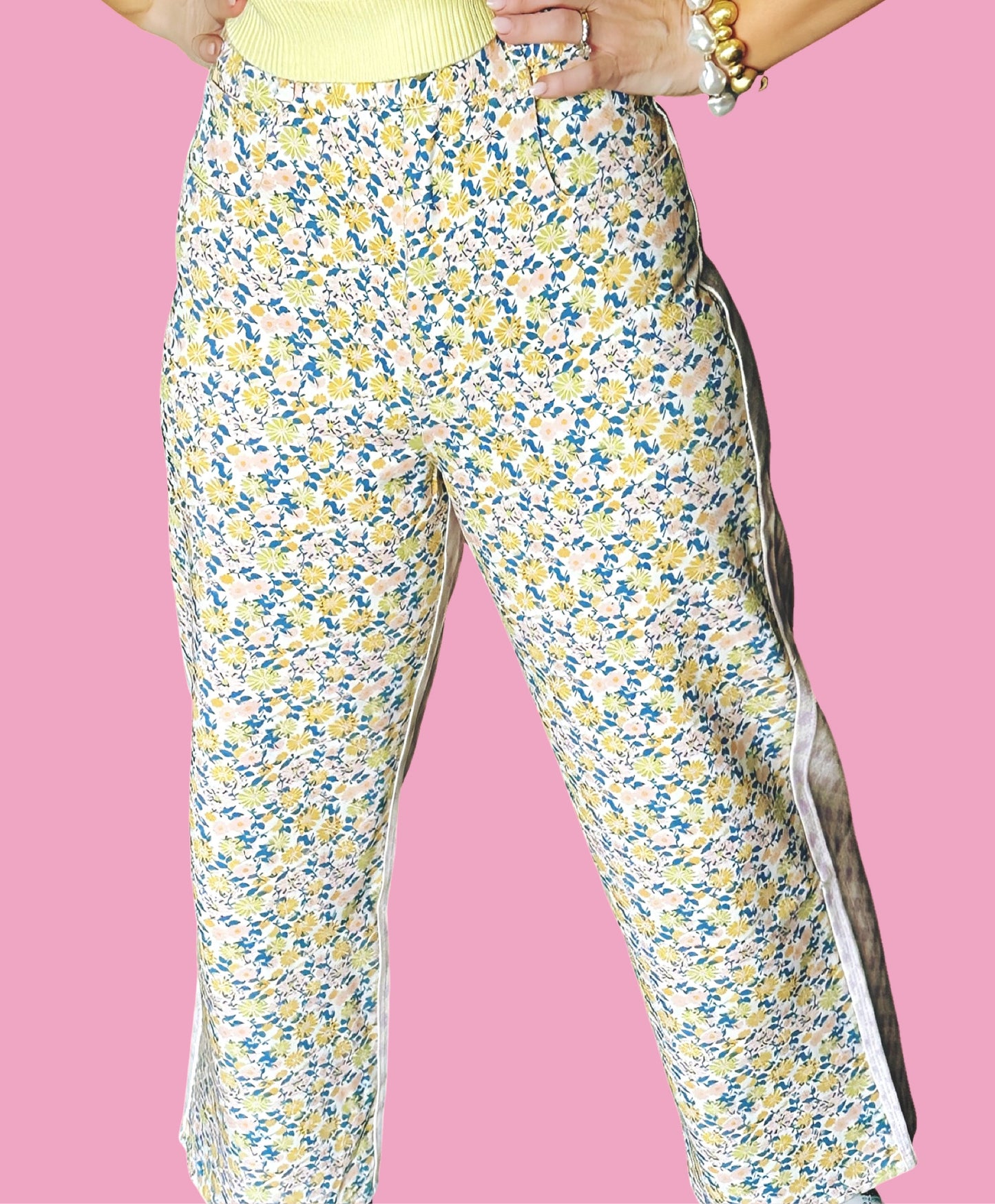 The Garden Gossip- Spring Floral & Gingham Printed Denim Pants