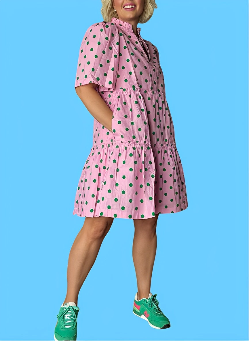 The Clubhouse Cutie Green Dot Dixie Split Neck Shift Dress