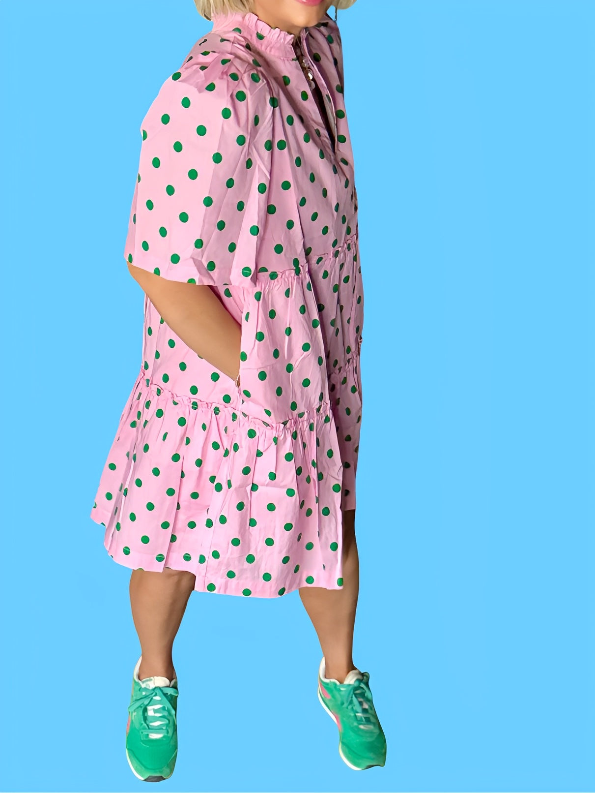 The Clubhouse Cutie Green Dot Dixie Split Neck Shift Dress