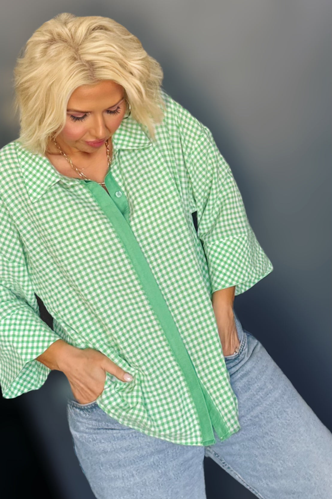 Gingham & Grace Kelly Green Relaxed 3/4 Sleeve Button-Down Top