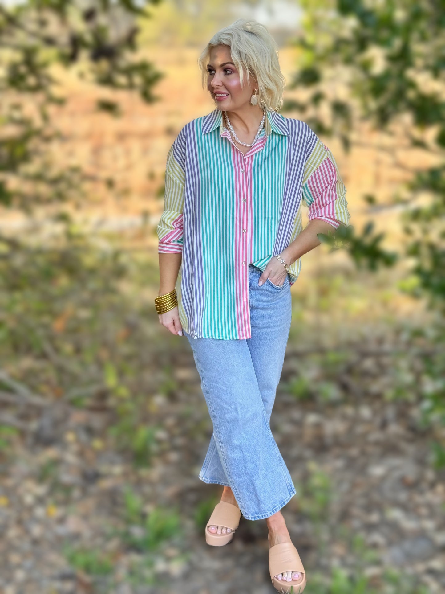 Properly Striped Long-Sleeve Multi Striped Spring Relaxed Button Down Shirt