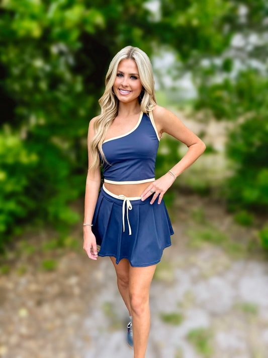 Navy & Nice One Shoulder Contrast Binding Athleisure Skort Set