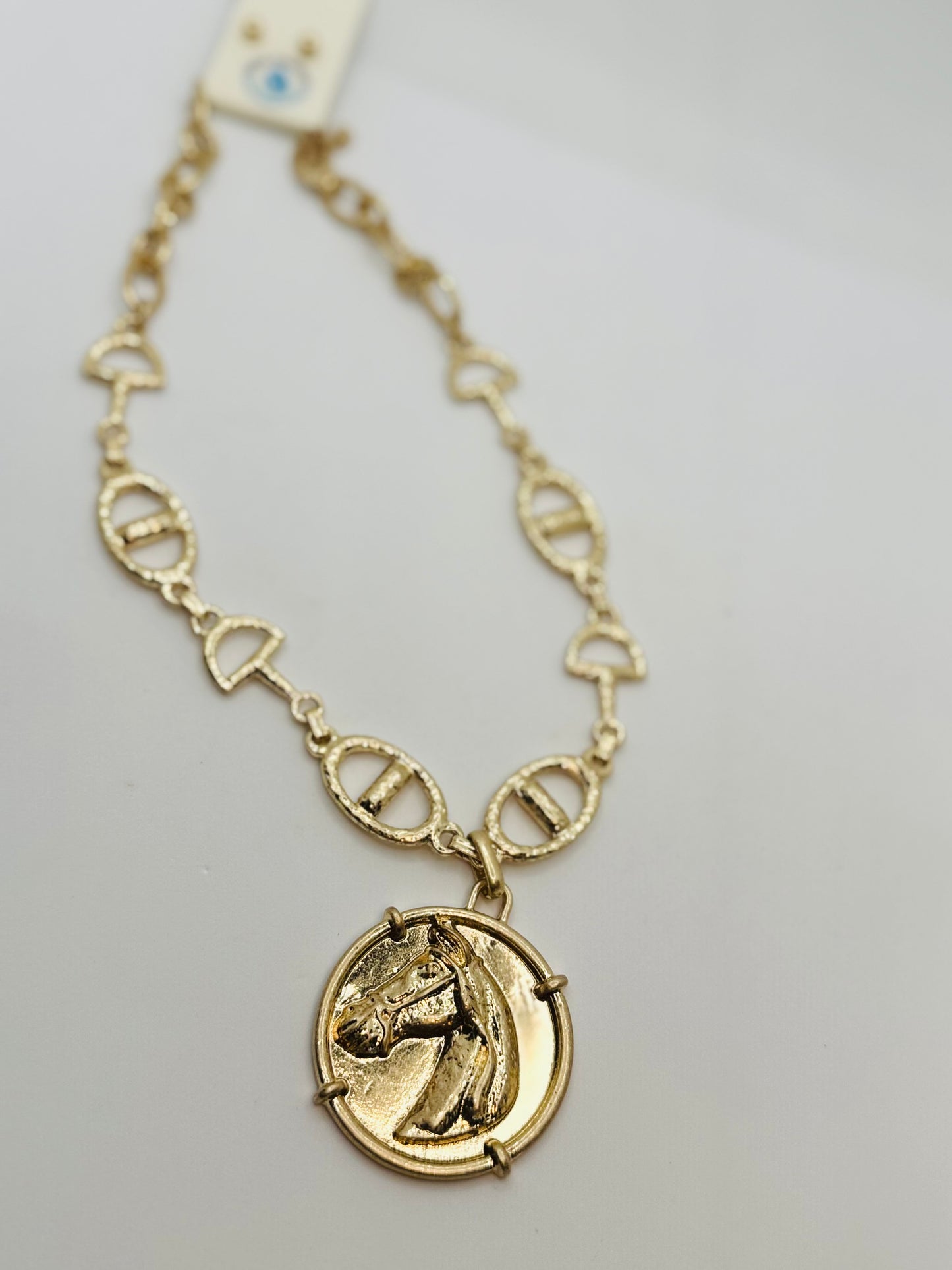 Derby Girl Necklace Set Featuring Horsehead Round Coin & Horsebit Chain