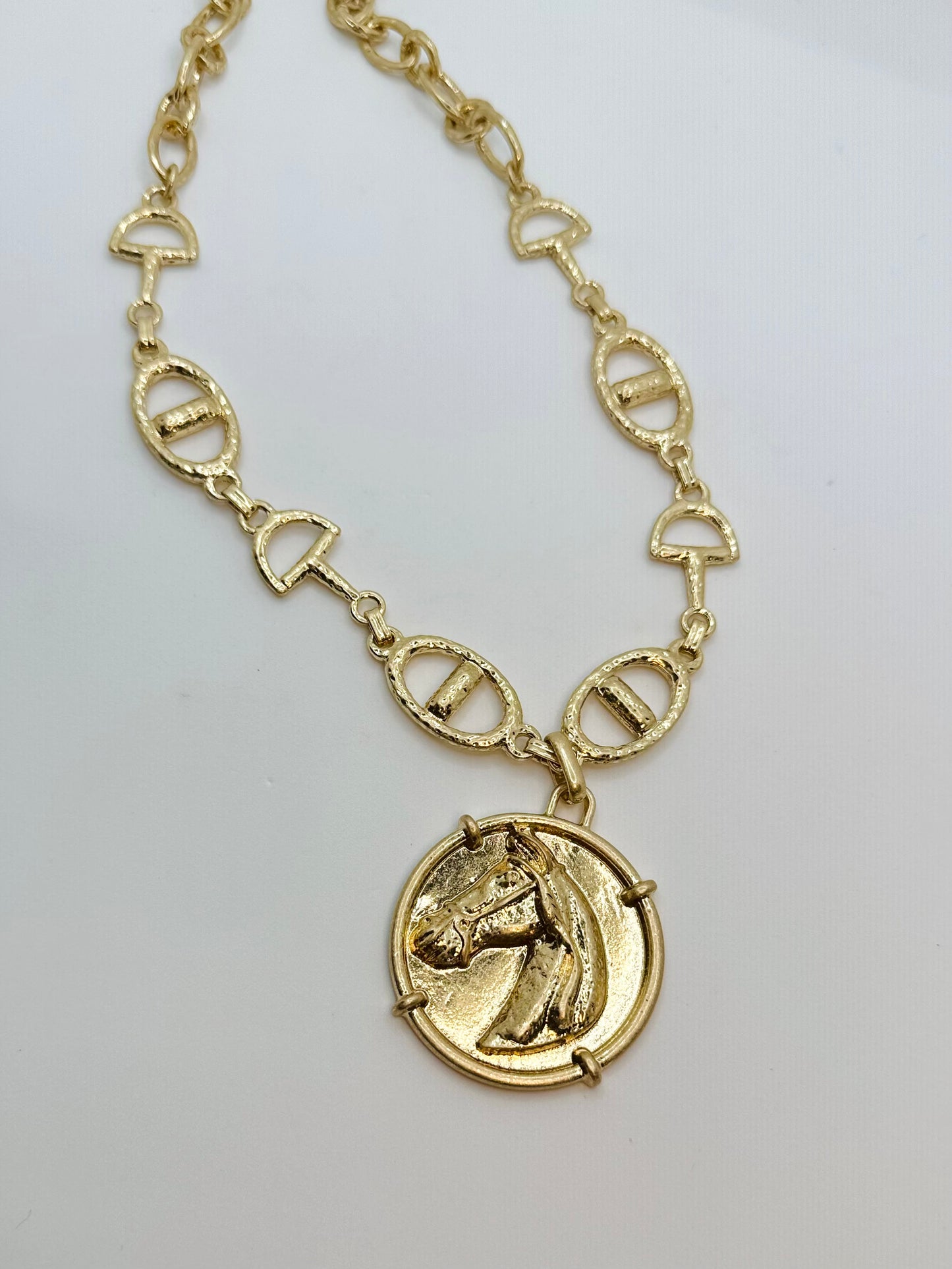 Derby Girl Necklace Set Featuring Horsehead Round Coin & Horsebit Chain