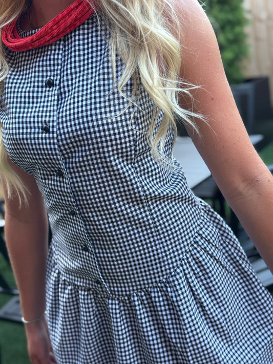 Woman wearing the Sienna black and white gingham sleeveless mini dress with a button-front bodice and gathered drop-waist skirt