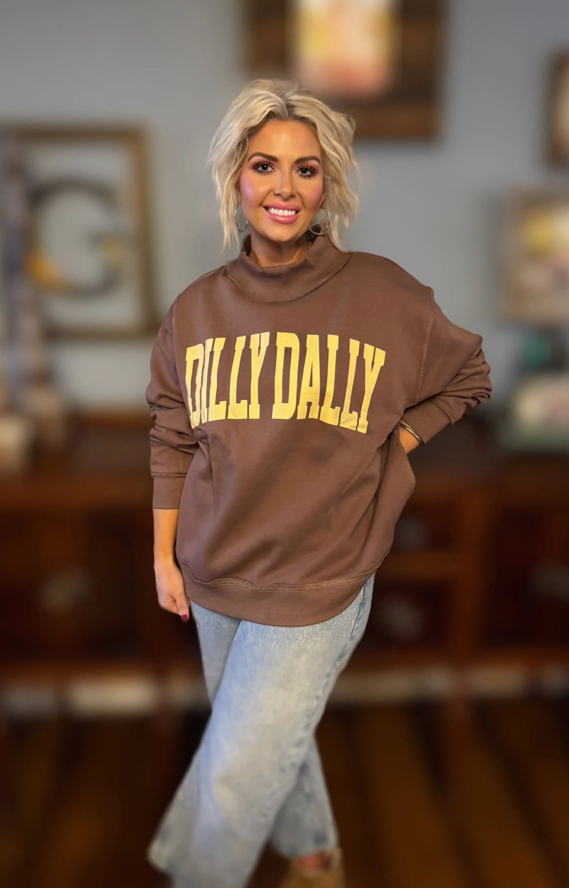 "DILLY DALLY" Coffee Mock Neck Sweatshirt BUCKETLIST