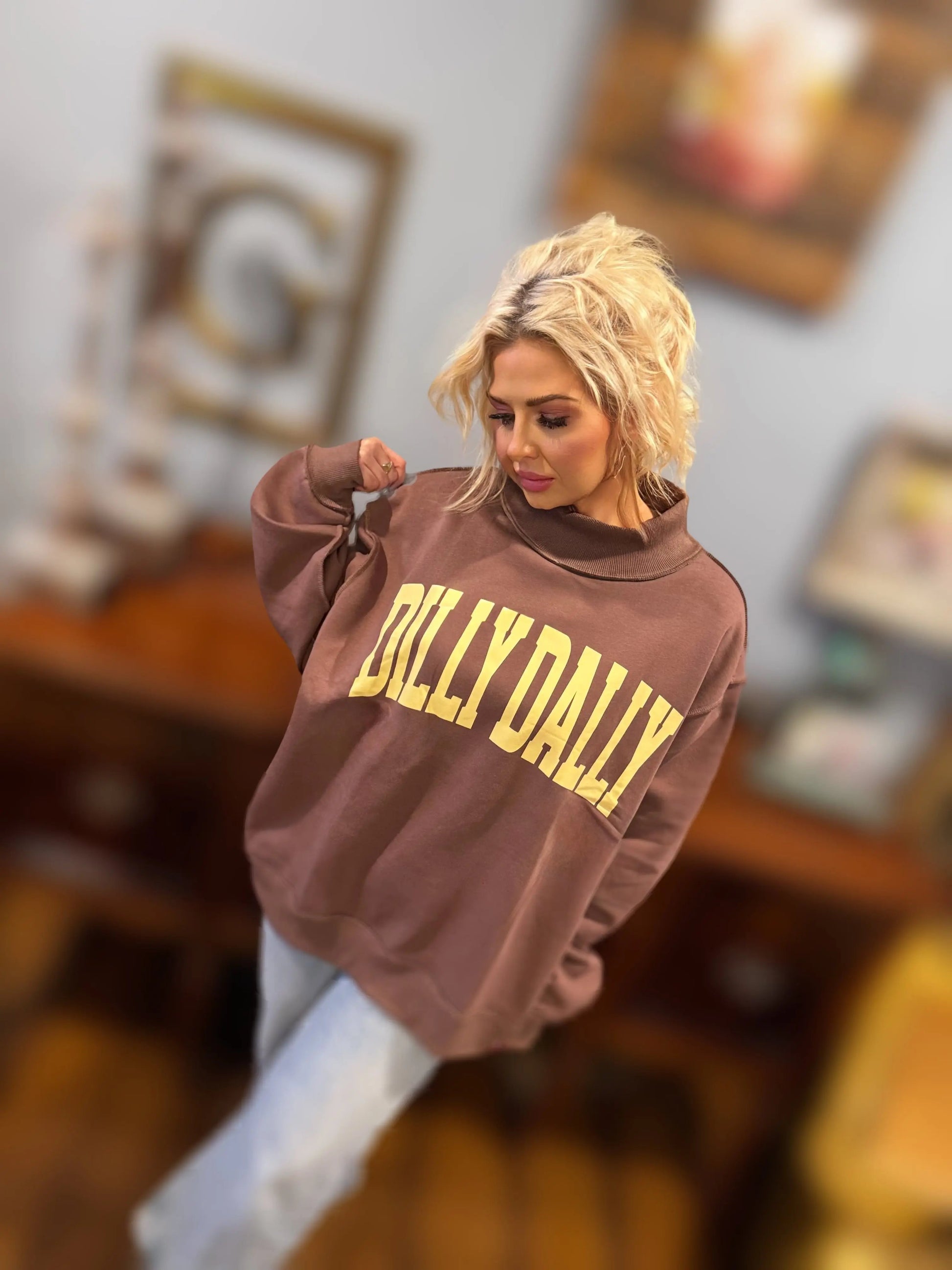 "DILLY DALLY" Coffee Mock Neck Sweatshirt BUCKETLIST