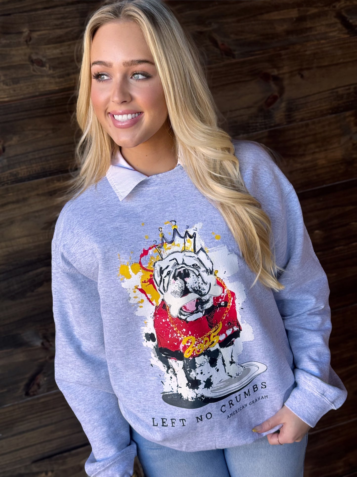 AMERICAN GRAHAM- SEC CHAMPIONSHIP SWEATSHIRT WITH BULLDOG IN RED JERSEY PAINTED BY ASHLEY GRAHAM