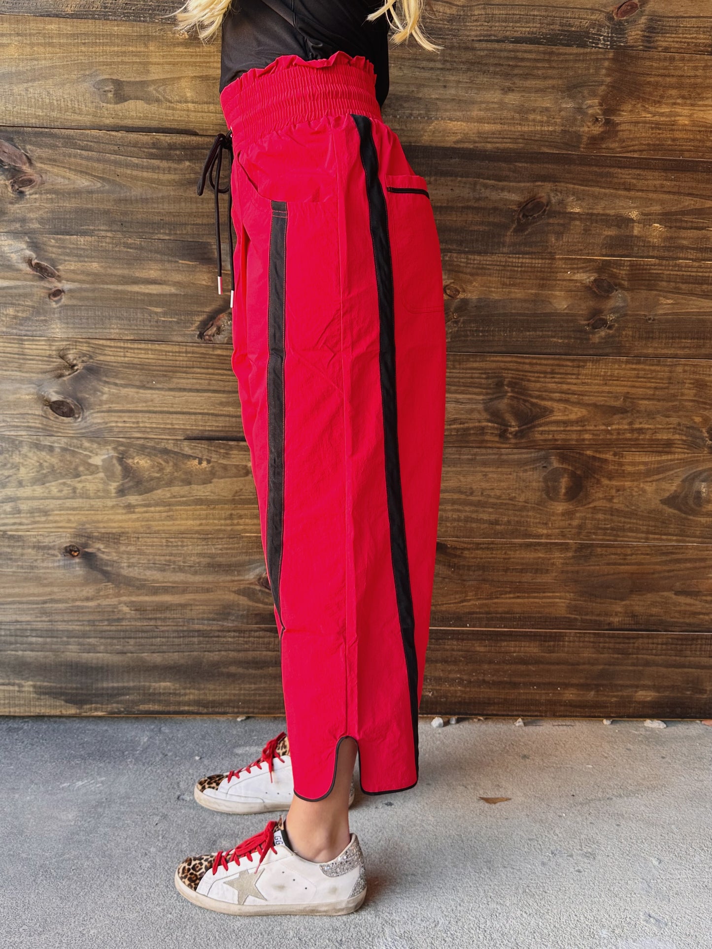Vintage Vibes Red Windbreaker Pants With Black Contrast Stripe