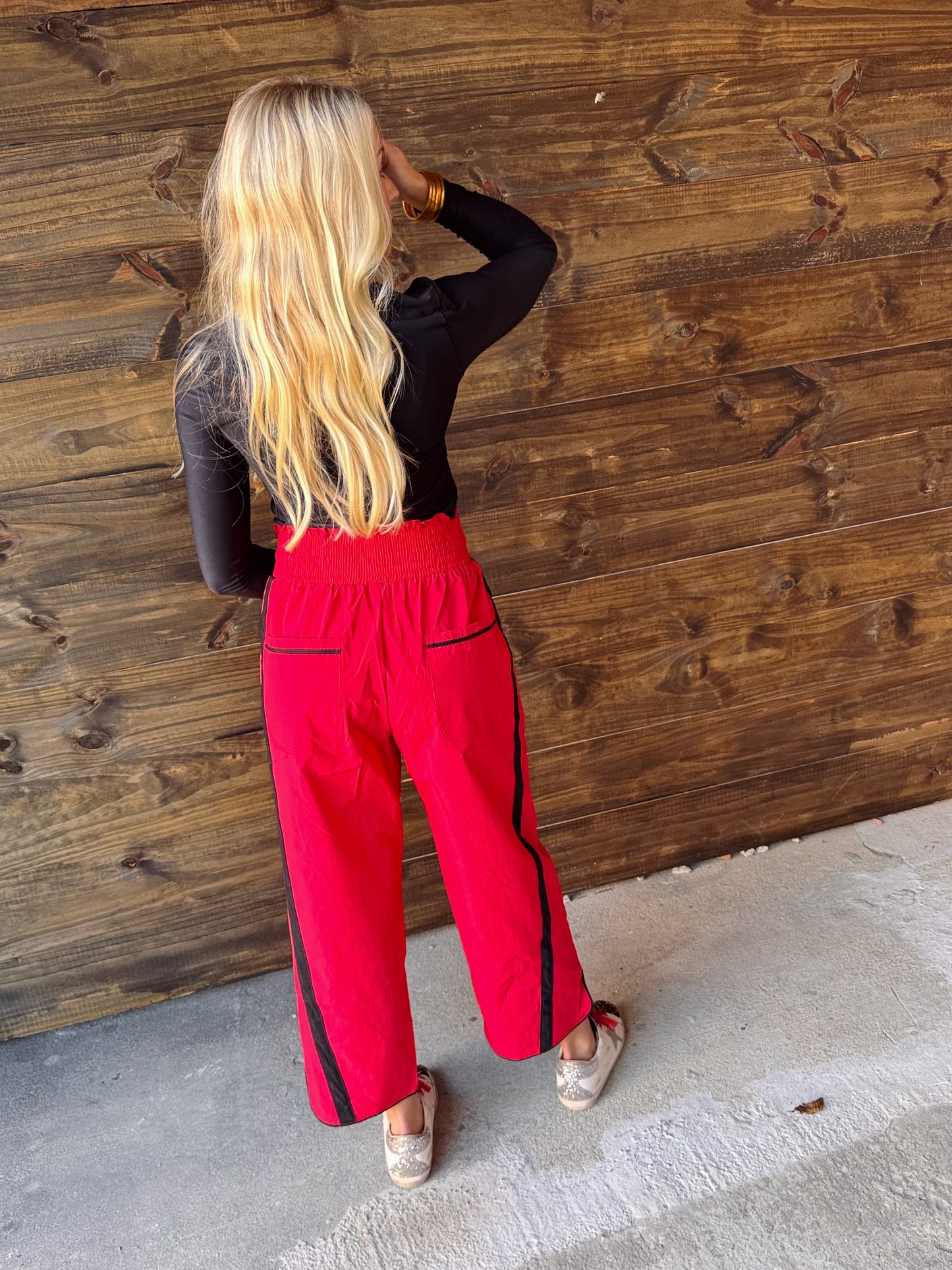 Vintage Vibes Red Windbreaker Pants With Black Contrast Stripe