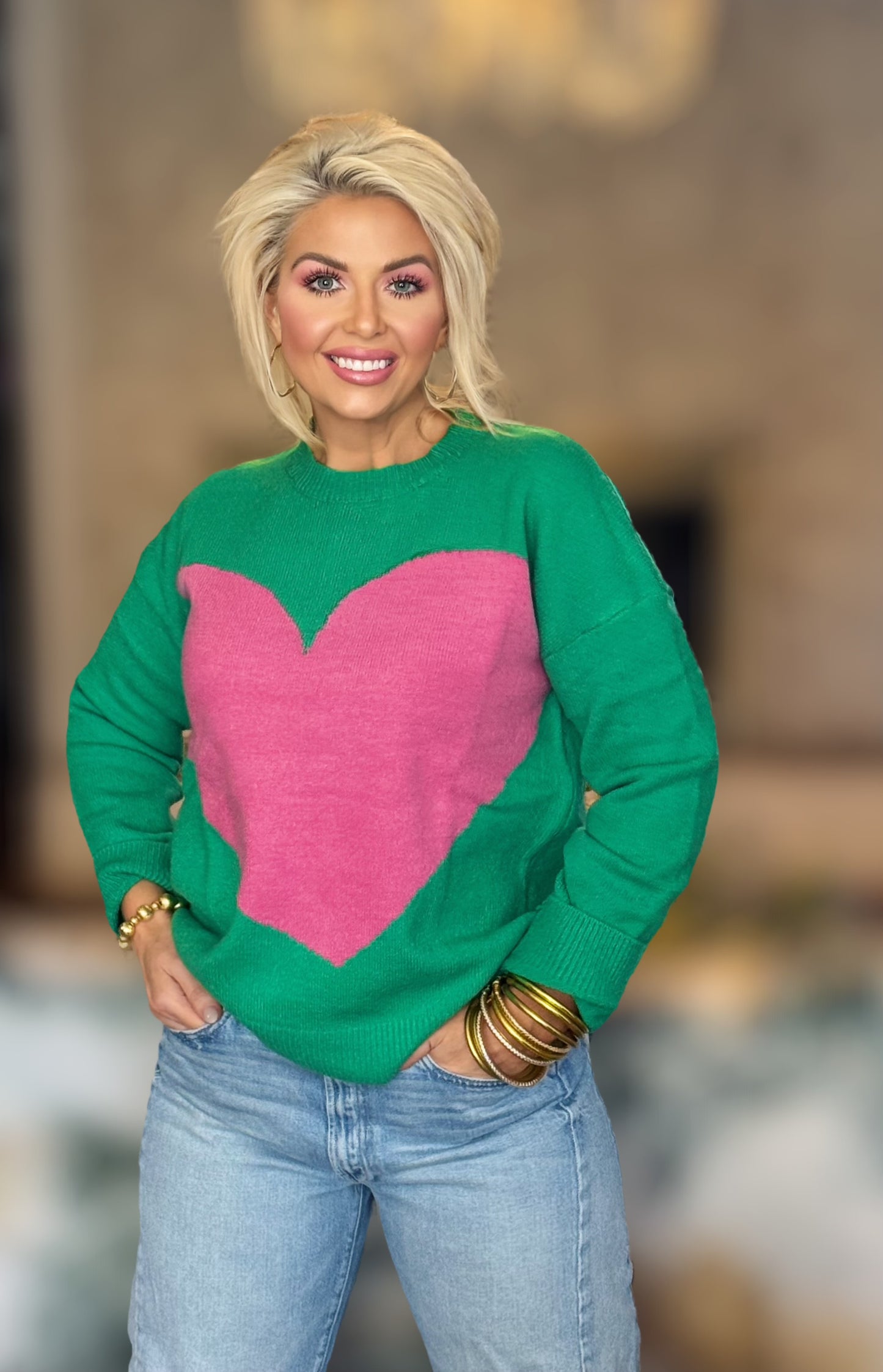 Don't Go Breakin' My Heart: Kelly Green Colorblock Heart Knit Sweater