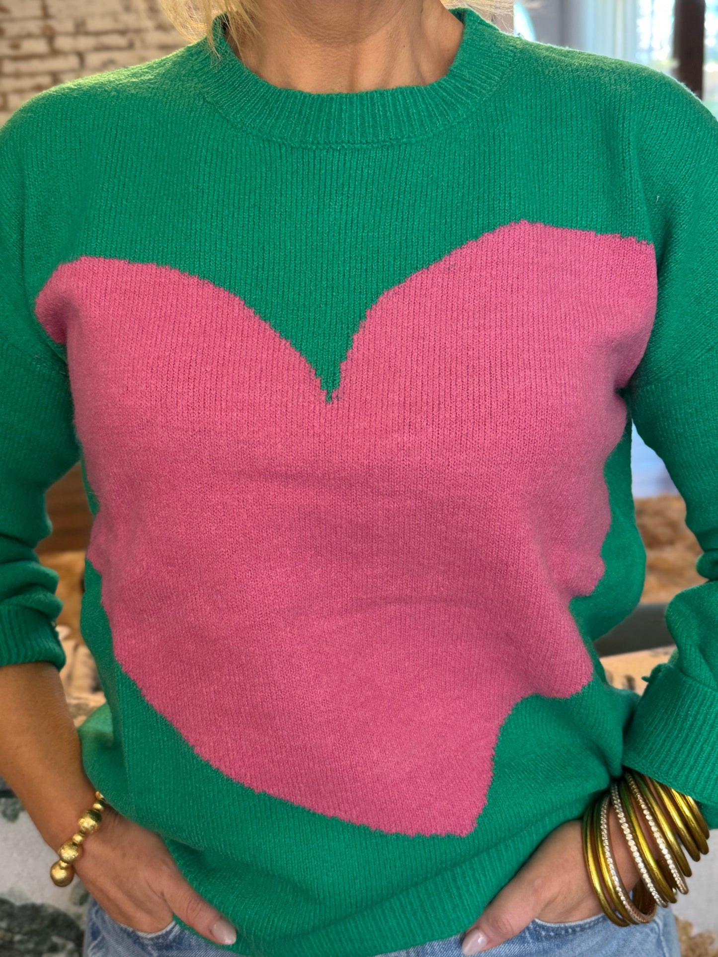 Don't Go Breakin' My Heart: Kelly Green Colorblock Heart Knit Sweater