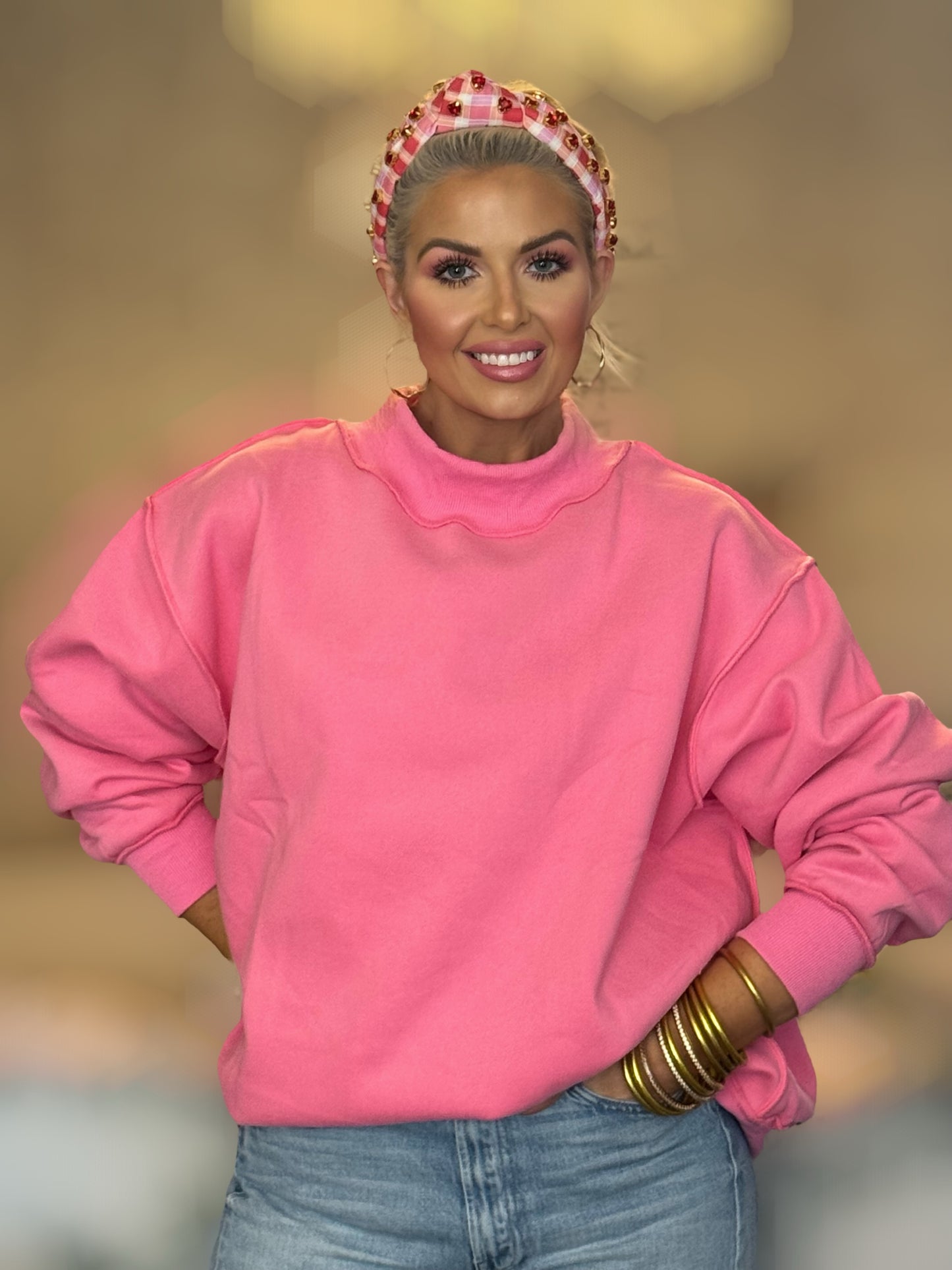 Bubblegum Babe Pink Oversized Mock Neck Sweatshirt - American Graham Apparel