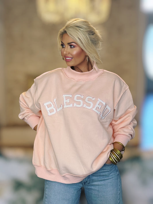 Sweet Peony BLESSED Baby Pink Embroidered Mockneck Sweatshirt - American Graham Apparel