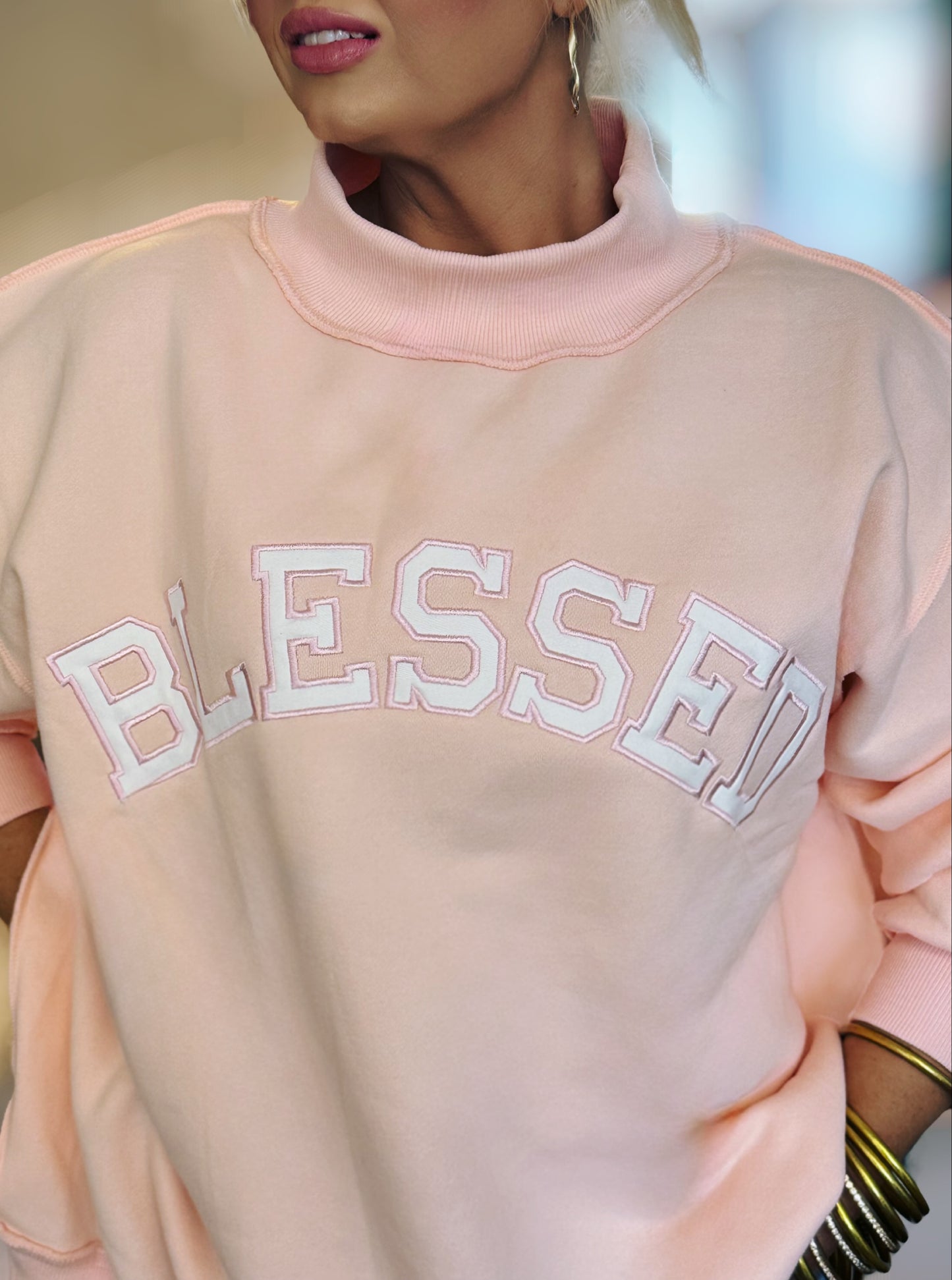 Sweet Peony BLESSED Baby Pink Embroidered Mockneck Sweatshirt - American Graham Apparel
