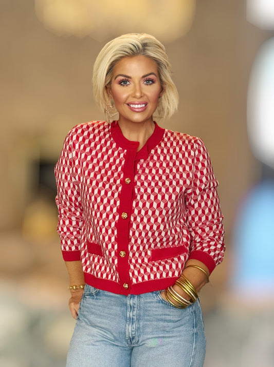 Lipstick Red Long Sleeve Geometric Print Cardigan
