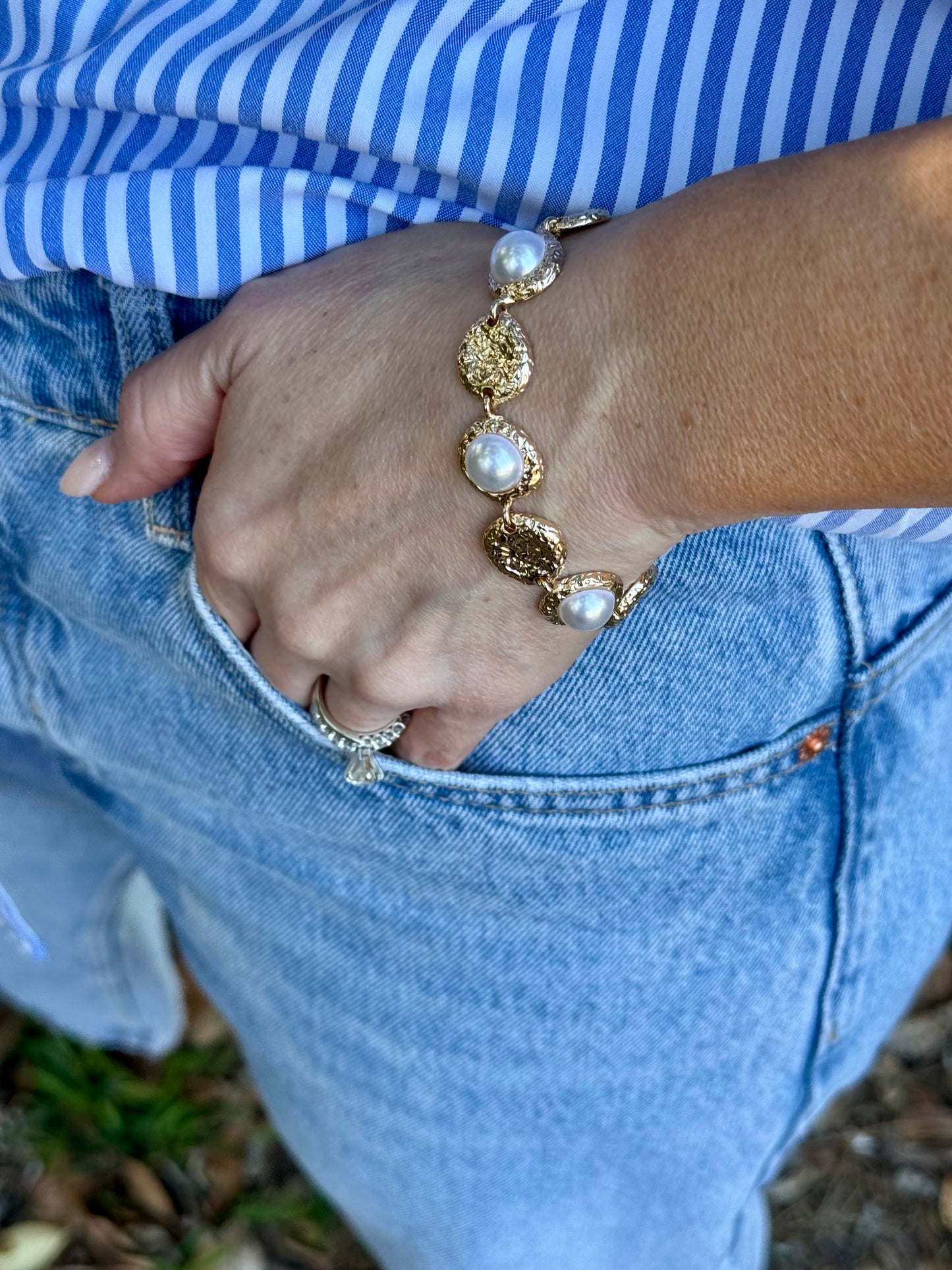 Pearls Before Brunch Textured Pearl Link Chain Bracelet