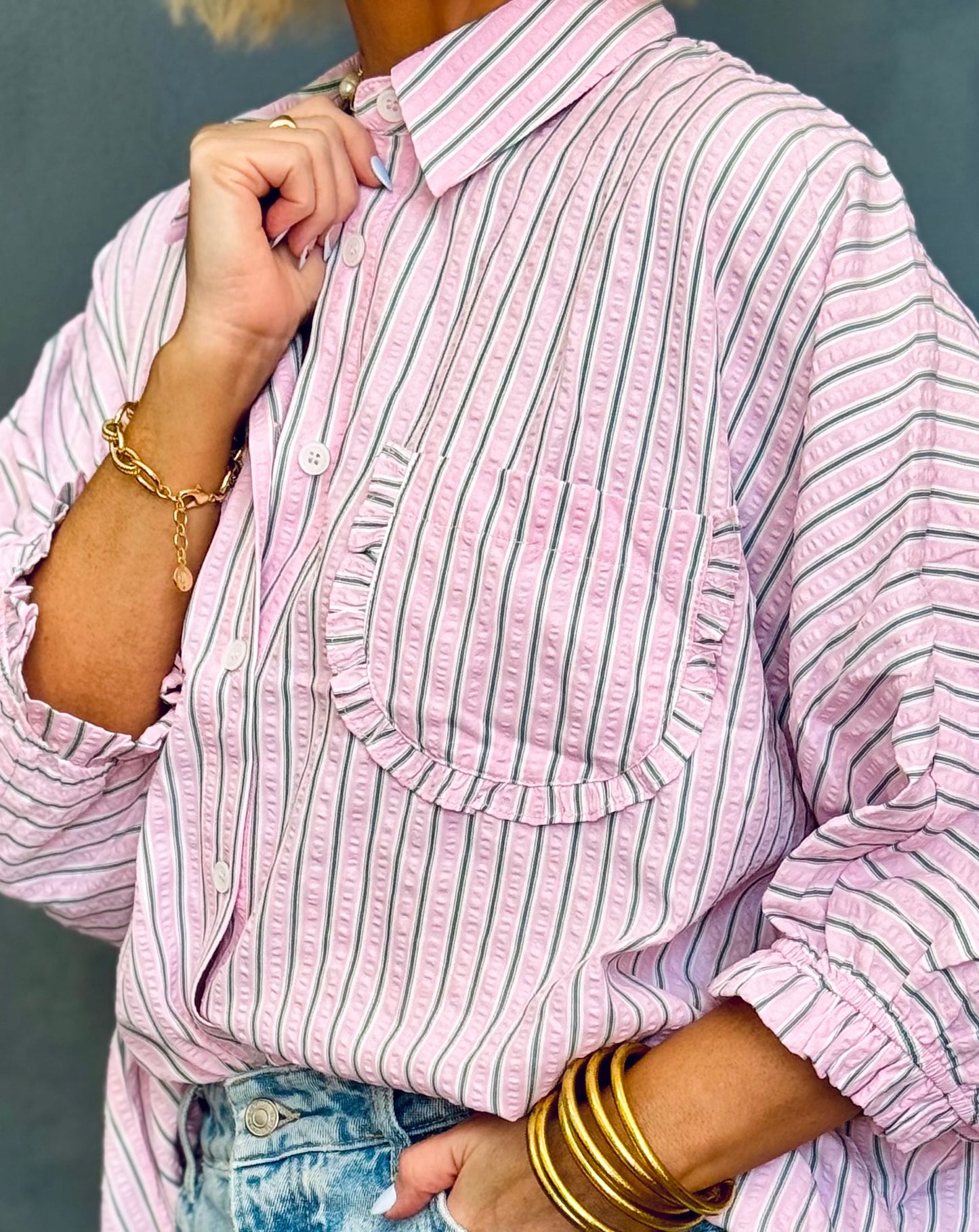 The Sweetie Stripe Pink and Green Oversized Button Down Blouse