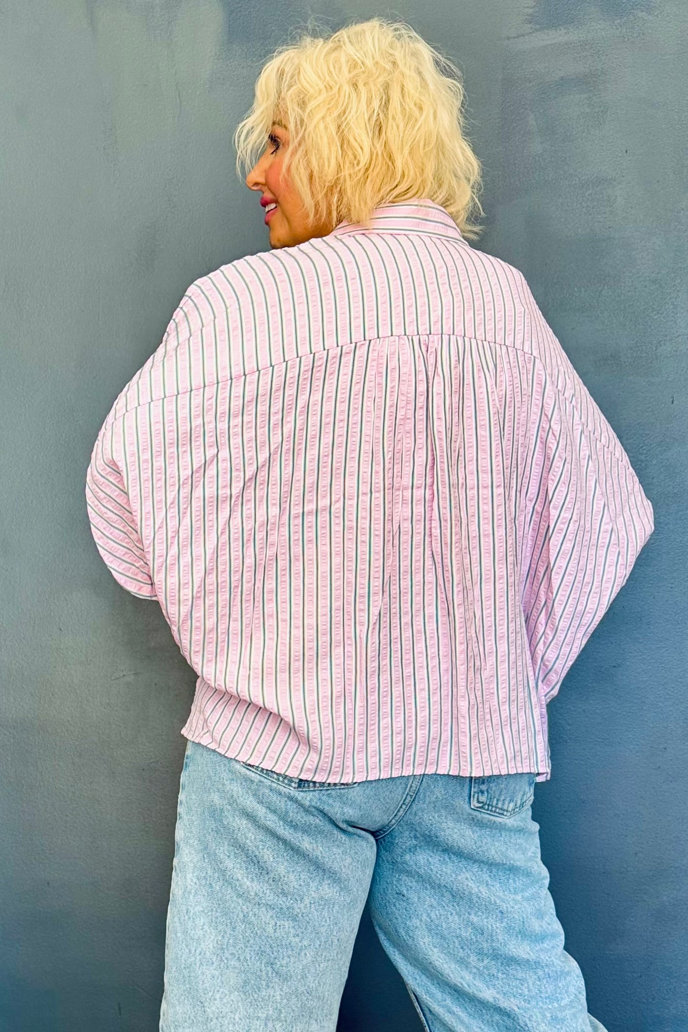 The Sweetie Stripe Pink and Green Oversized Button Down Blouse