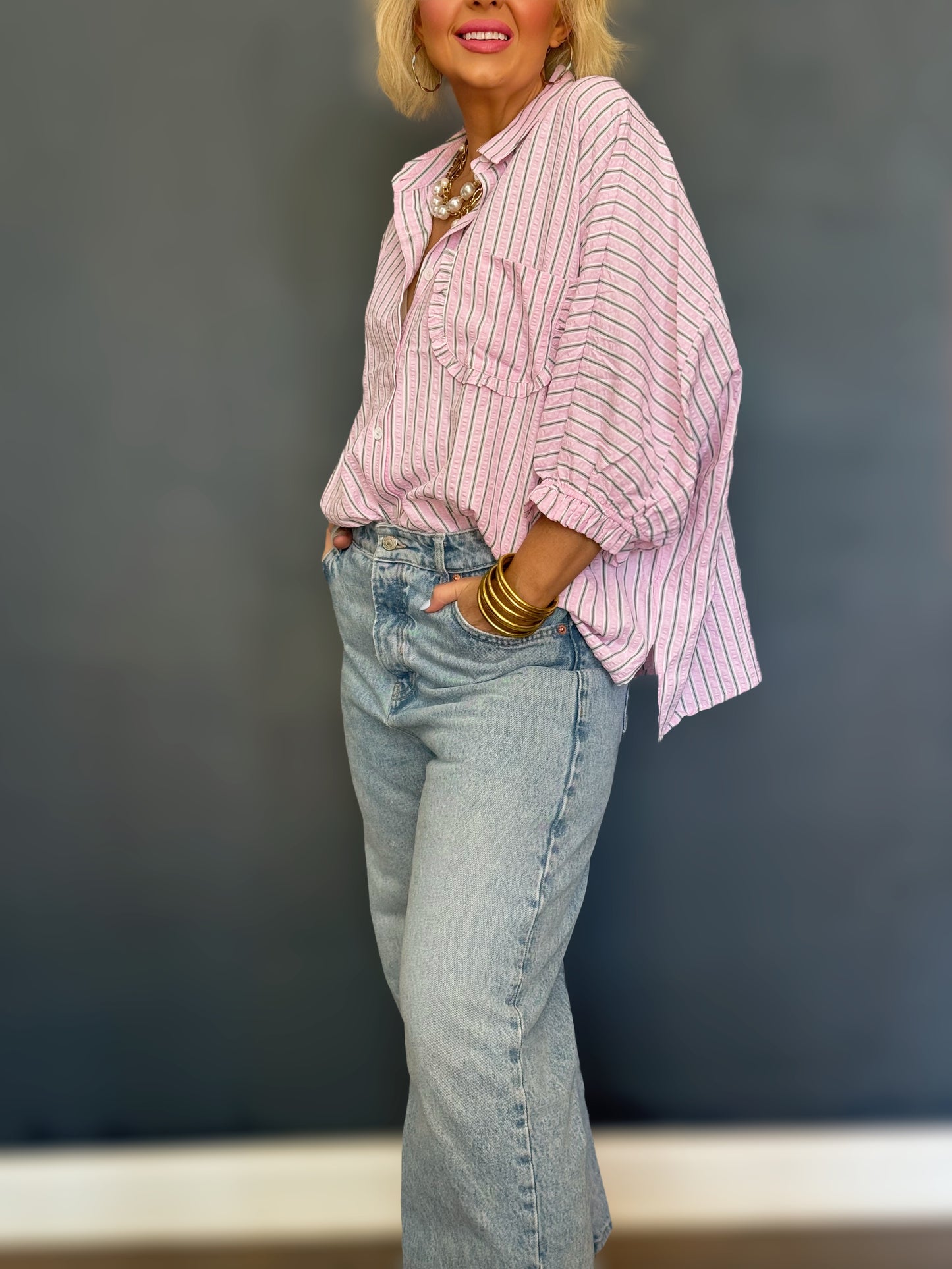 The Sweetie Stripe Pink and Green Oversized Button Down Blouse