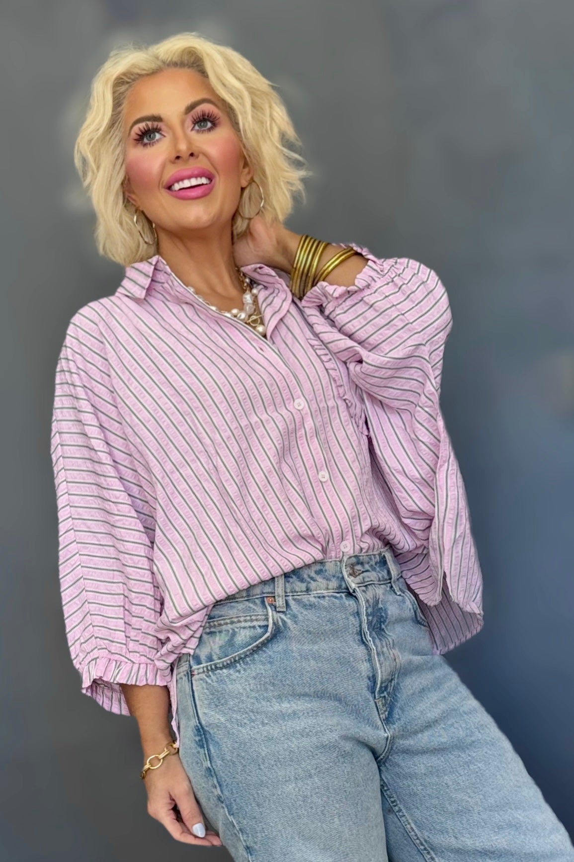 The Sweetie Stripe Pink and Green Oversized Button Down Blouse