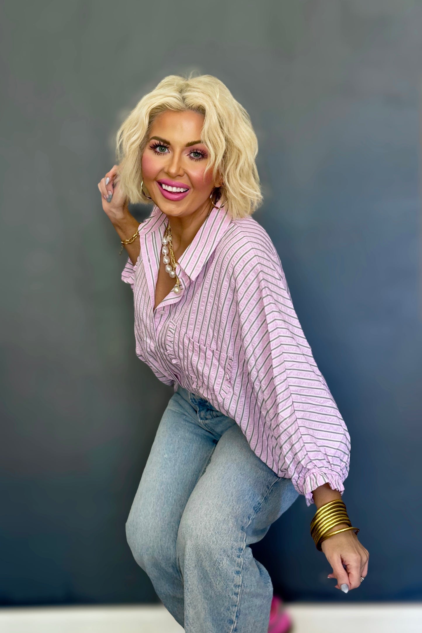 The Sweetie Stripe Pink and Green Oversized Button Down Blouse