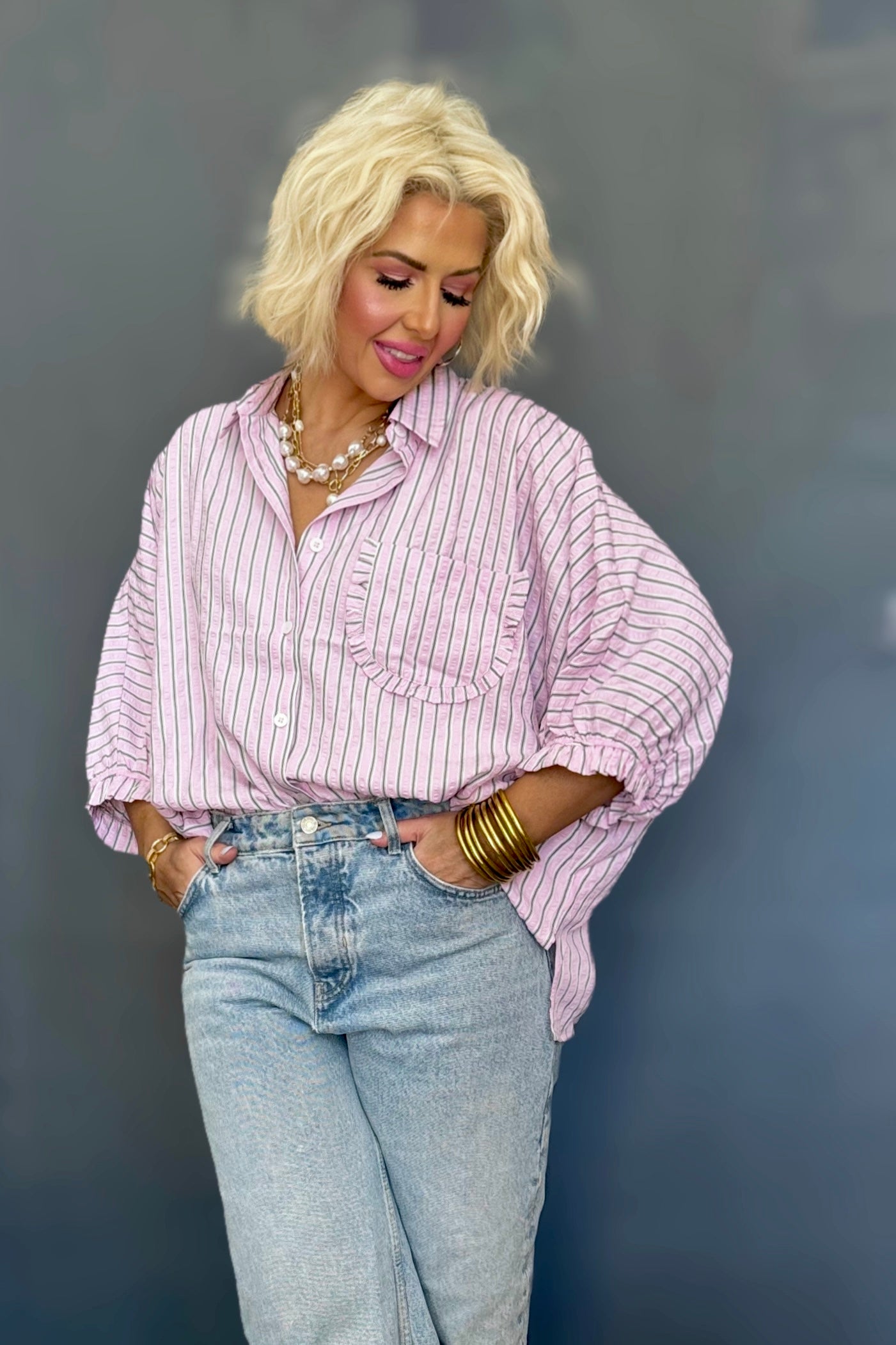 The Sweetie Stripe Pink and Green Oversized Button Down Blouse