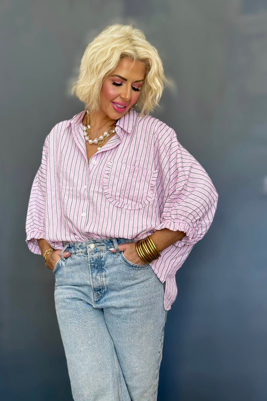 The Sweetie Stripe Pink and Green Oversized Button Down Blouse