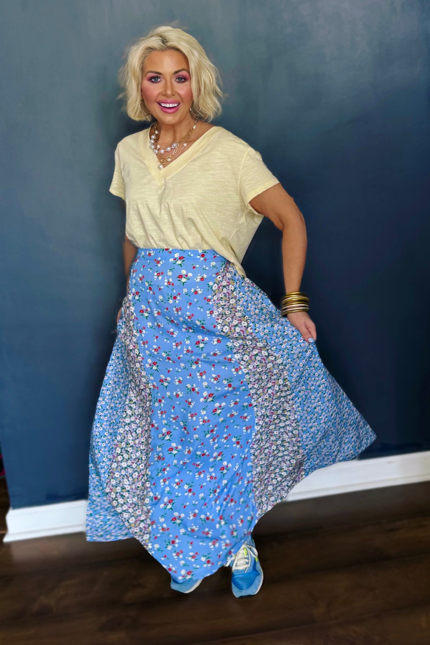 Azalea Afternoon Floral Maxi Skirt - Sky Blue