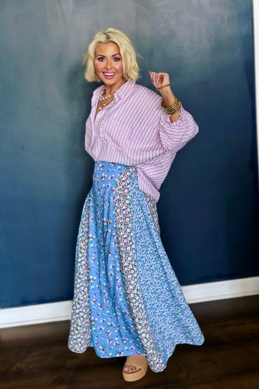 Azalea Afternoon Floral Maxi Skirt - Sky Blue