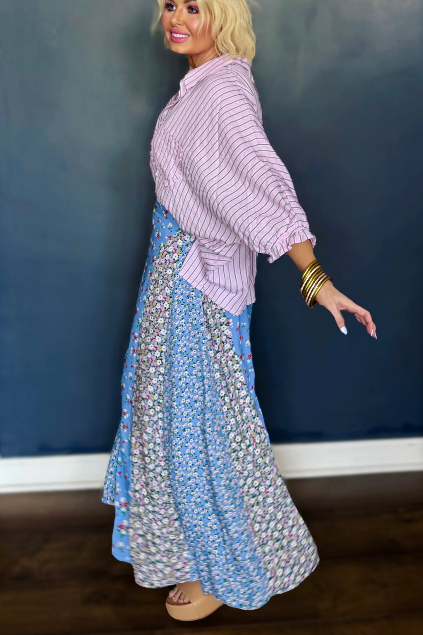 Azalea Afternoon Floral Maxi Skirt - Sky Blue