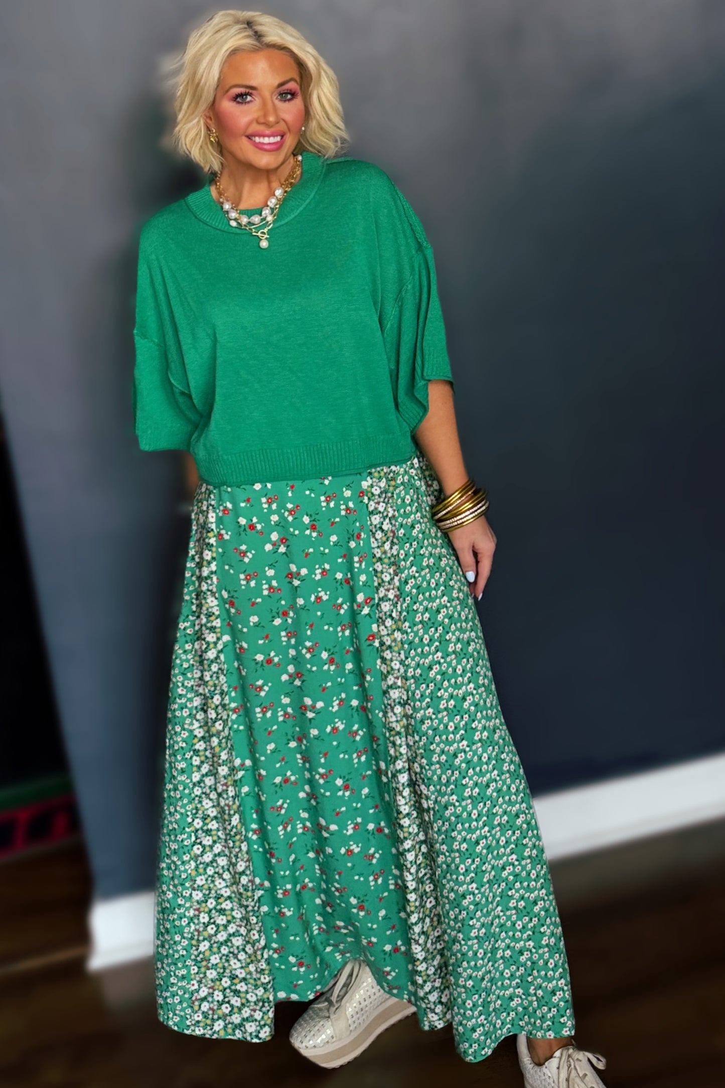 Azalea Afternoon Floral Maxi Skirt- Kelly Green