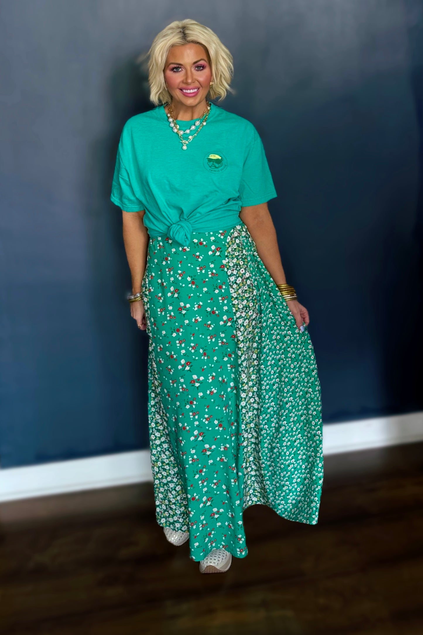 Azalea Afternoon Floral Maxi Skirt- Kelly Green