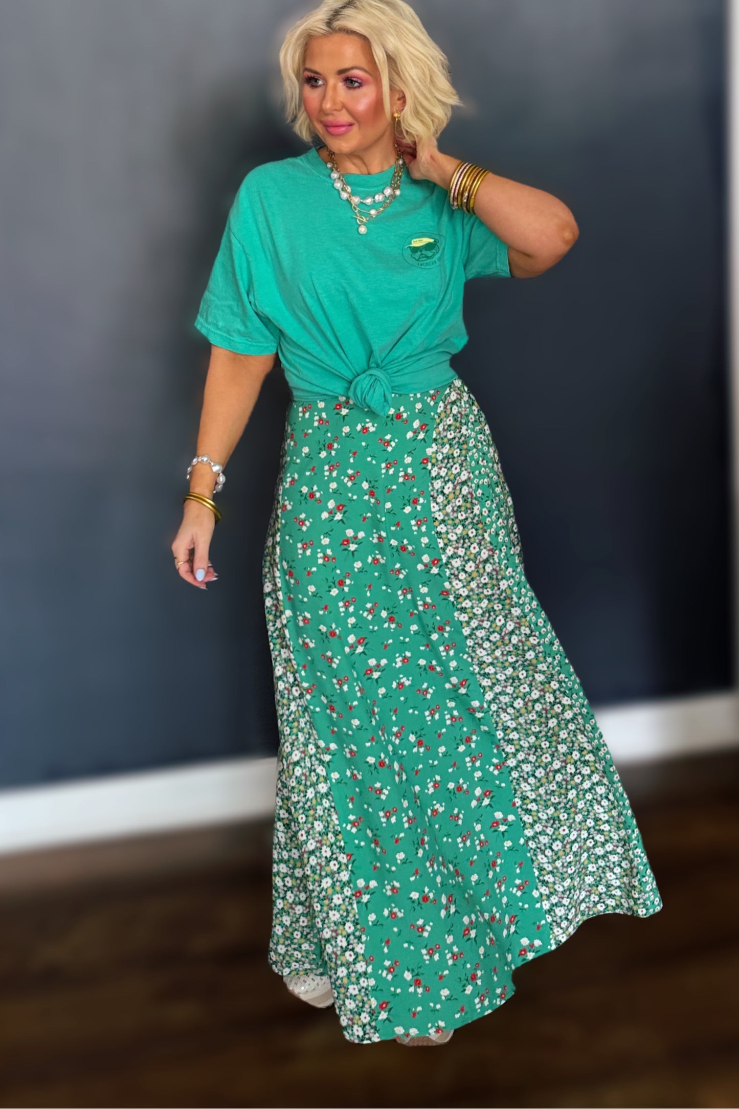 Azalea Afternoon Floral Maxi Skirt- Kelly Green