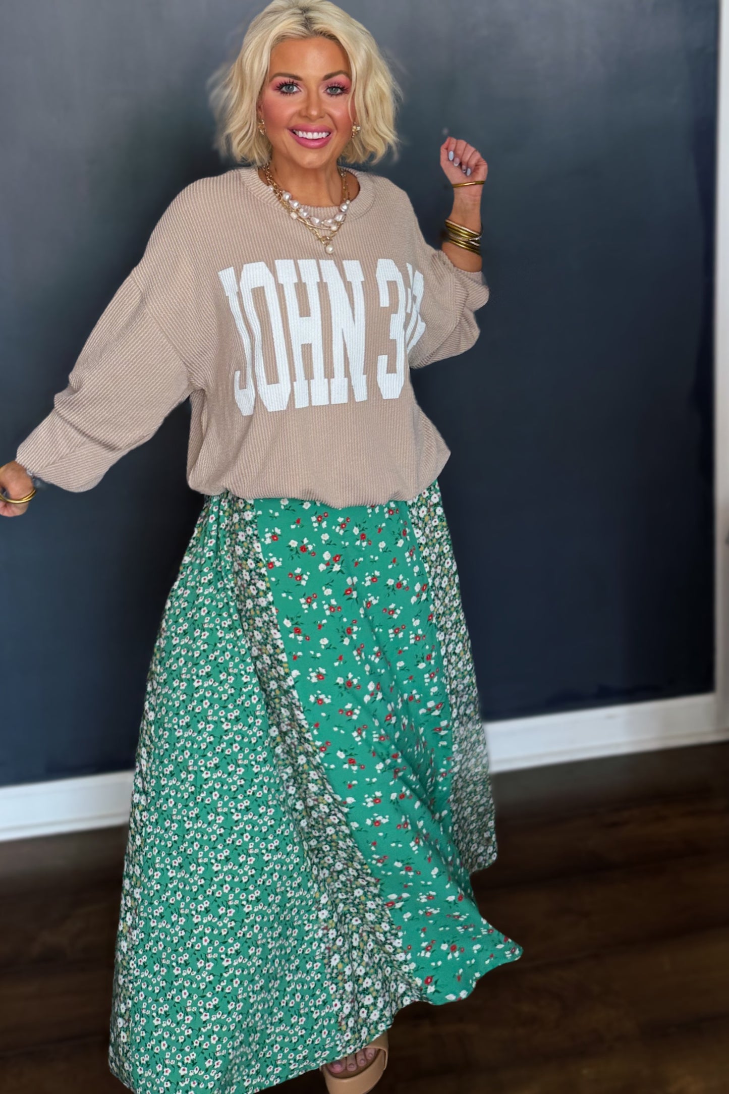 Azalea Afternoon Floral Maxi Skirt- Kelly Green