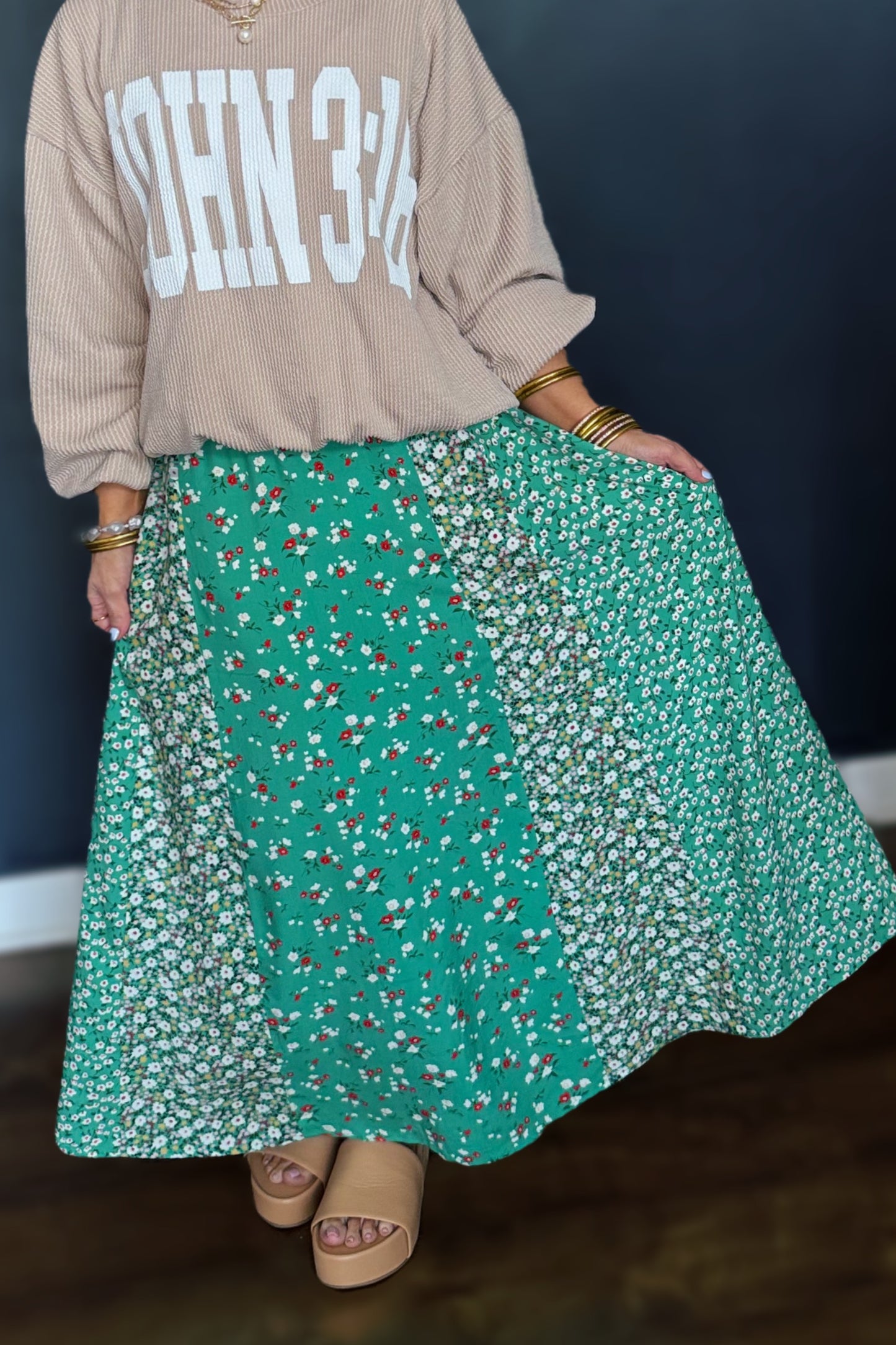 Azalea Afternoon Floral Maxi Skirt- Kelly Green