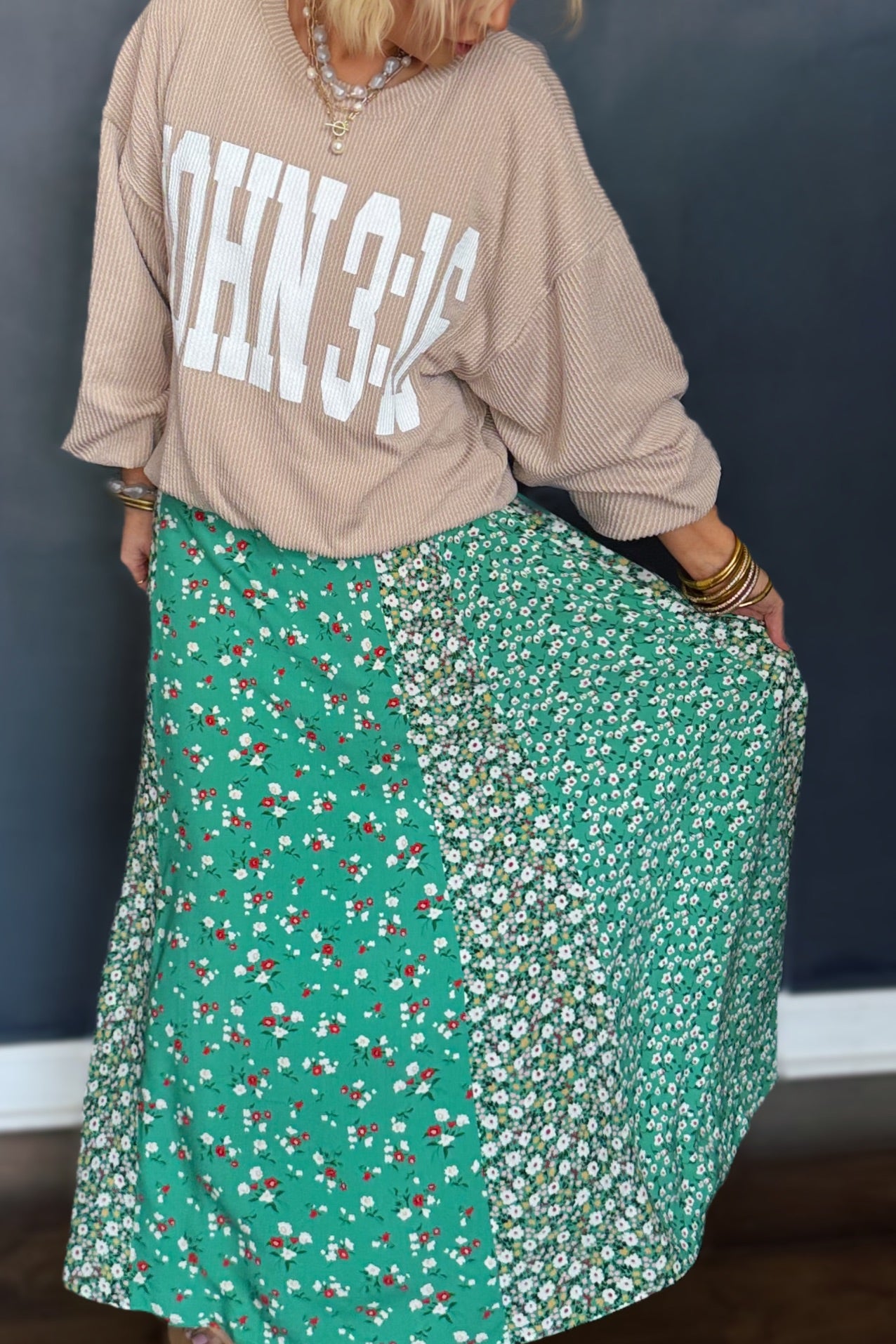 Azalea Afternoon Floral Maxi Skirt- Kelly Green