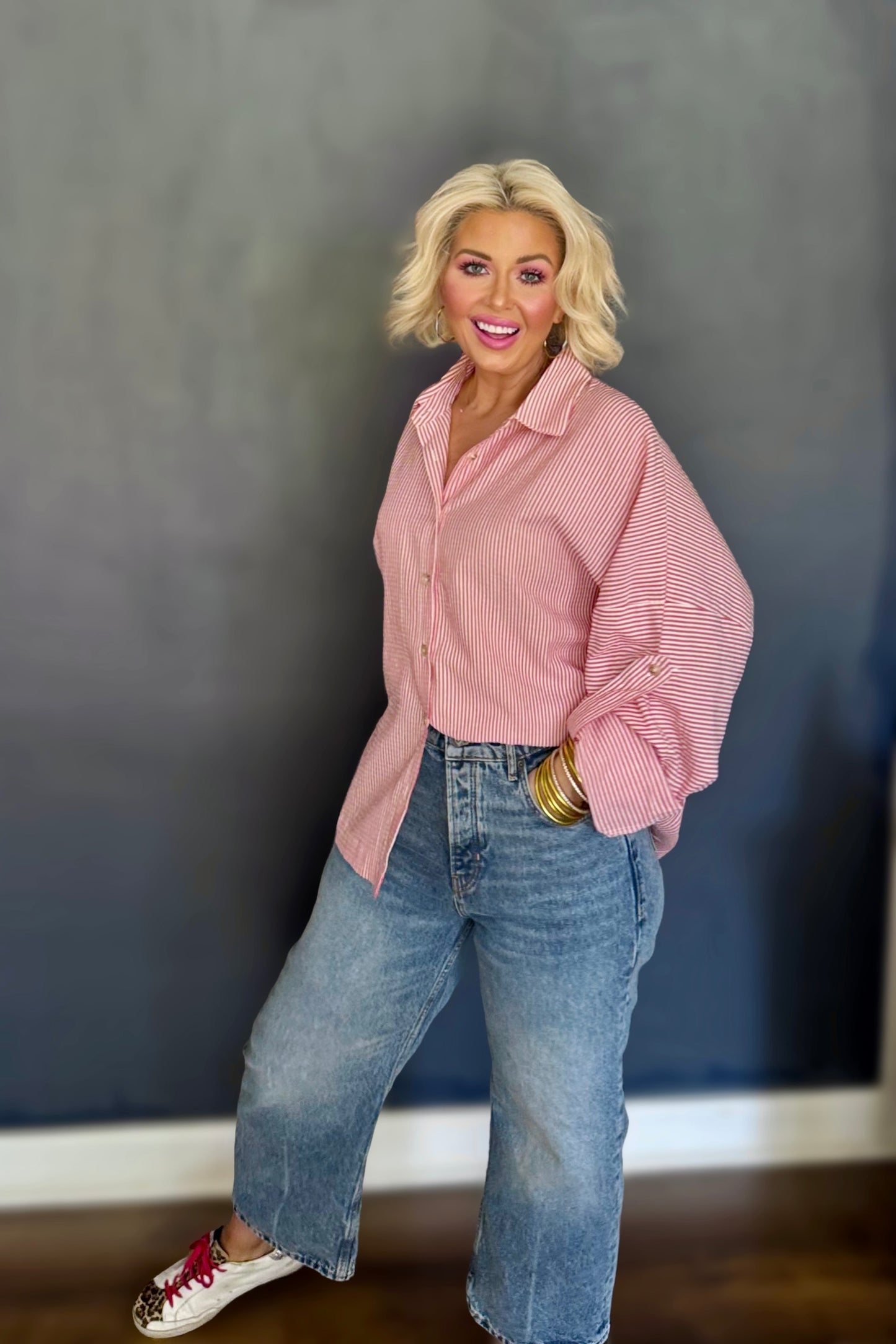 Favorite Red Stripe Oversized Button-Up Shirt | Lightweight Relaxed Fit Blouse
