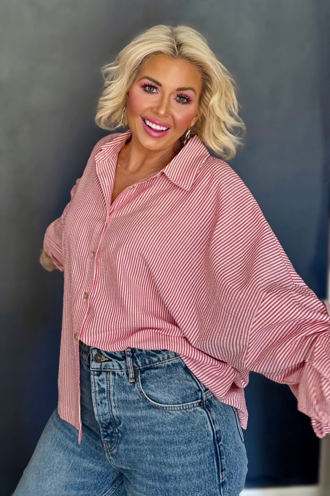 Favorite Red Stripe Oversized Button-Up Shirt | Lightweight Relaxed Fit Blouse