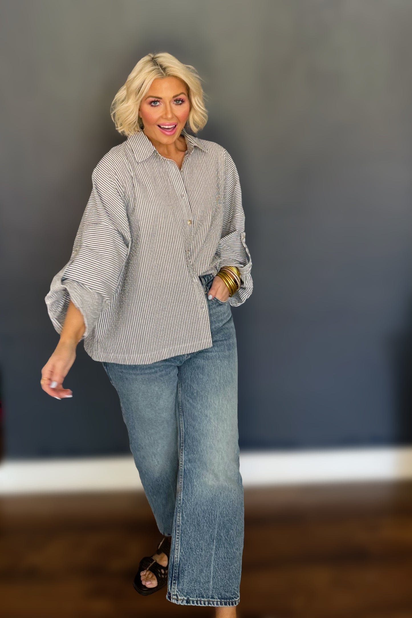Favorite Charcoal Stripe Oversized Button-Up Shirt | Lightweight Relaxed Fit Blouse