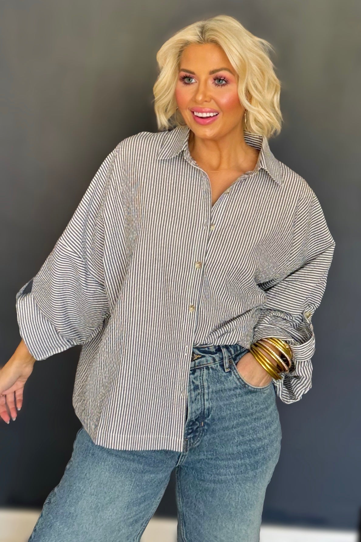 Favorite Charcoal Stripe Oversized Button-Up Shirt | Lightweight Relaxed Fit Blouse