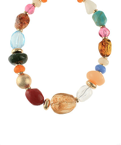 Multicolor resin bead necklace featuring pink, turquoise, amber, red, and cream beads in mixed shapes with gold-tone metal accents.