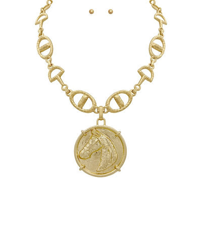 Derby Girl Necklace Set Featuring Horsehead Round Coin & Horsebit Chain