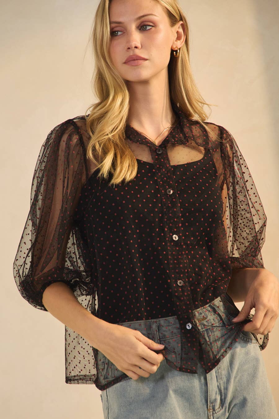 Night Game Red-Dotted Mesh Blouse